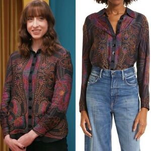 FARM Rio Boho Scarf Print Long Sleeve Button-up Shirt in Sequin Scarf Black XL